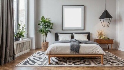 empty square frame for print or poster mockup on white wall in modern neutral gray bedroom interior with wood floor rug with geometric pattern bedside tables lamps decor and plants - obrazy, fototapety, plakaty
