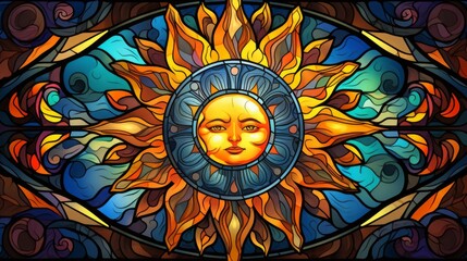 Stained glass window background with colorful Sun god abstract.	