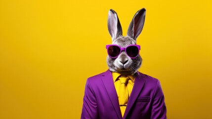 Vibrant Easter Bunny in Sunglasses Suit - Festive Holiday Artwork with Whimsical Rabbit in Yellow & Purple - Open Space for Text & Designs. Generative AI