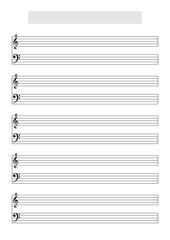 Blank music score sheet template to write music (G and F Clefs). Printable A4 format in portrait mode with a song title and artist name block at the top - obrazy, fototapety, plakaty