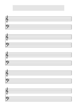 Blank music score sheet template to write music (G and F Clefs). Printable A4 format in portrait mode with a song title and artist name block at the top