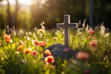 Funeral and mourning concept. Cross grave surrounded by flowers.  - obrazy, fototapety, plakaty