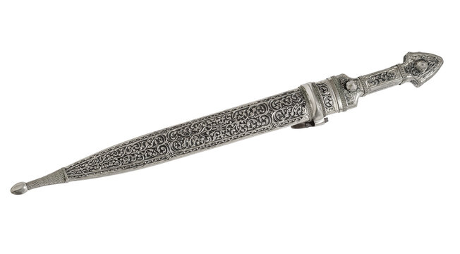 Circassian adyge kama silver dagger on a white isolated background.