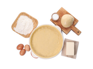 Pie tin with fresh dough and ingredients isolated on white, top view. Making quiche