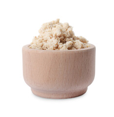 Bowl of tasty prepared horseradish isolated on white