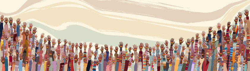 Many black skin African American men women children seniors  group raised hand holding a heart with flag colors for Black History Month event. Racial equality. Banner poster copy space - obrazy, fototapety, plakaty