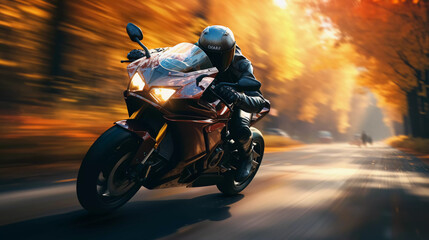 A motorcycle rider speeding on a road - obrazy, fototapety, plakaty