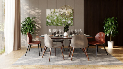 3d, architecture, background, bright, chair, clean, comfortable, construction, contemporary, dining room, cushion, decoration, design, digitally generated image, empty, floor, furniture, home, house, 