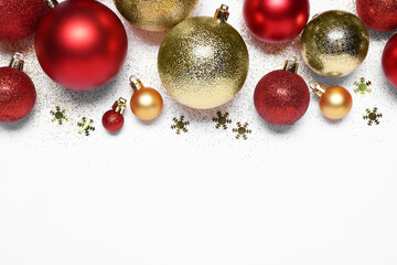 Christmas balls, confetti and glitter on white background, flat lay. Space for text