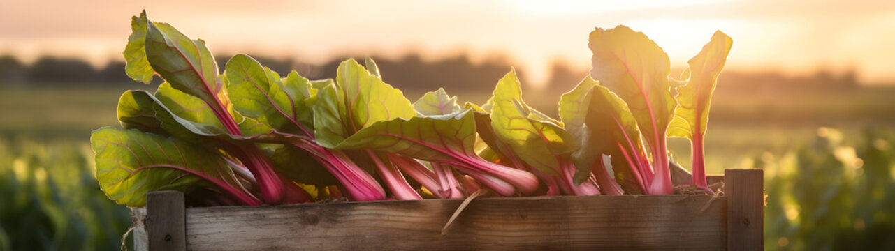 Rhubarb leafstalks harvested in a wooden box in a field with sunset. Natural organic vegetable abundance. Agriculture, healthy and natural food concept. Horizontal composition, banner.