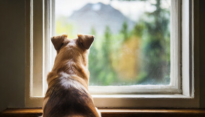 Dog sitting on the floor in front of the window