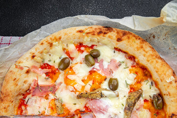 pizza artichoke ham olives fresh hot fast food eating cooking appetizer meal food snack on the table copy space