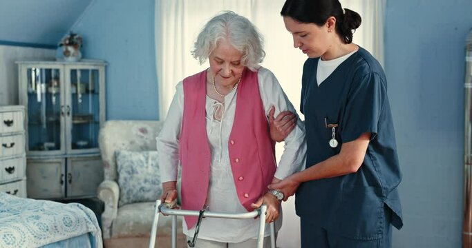 Nurse, walker and senior woman in home for medical support, rehabilitation recovery or healthcare in retirement. Caregiver helping elderly patient with disability, walking frame or healing in bedroom