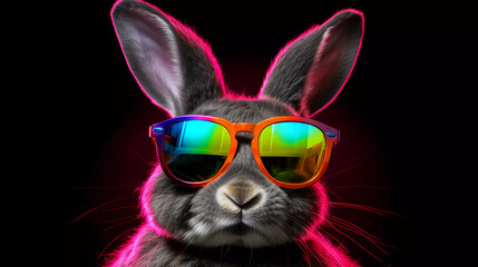 Cool baby young DJ rabbit sunglasses in colorful neon light enjoys the music 