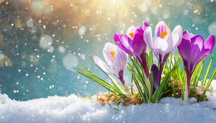 Crocuses in the snow. First spring flowers. Easter background.