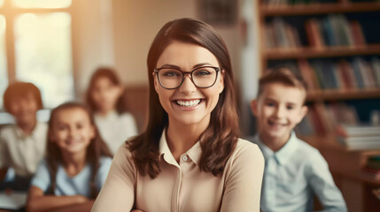 Education, scholarship and happy, proud and young female educator with children ready for studying or knowledge in middle school. Portrait of smiling teacher - obrazy, fototapety, plakaty