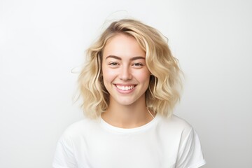 Naklejka premium Bright Smile of a Young Blonde Woman on White. Generative AI.