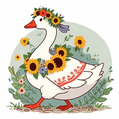 Illustration of geese in vyshyvanki in wreaths of wildflowers, sunflowers, dress, embroidery.