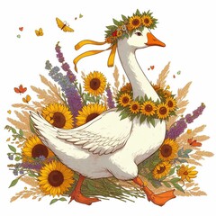 Illustration of geese in vyshyvanki in wreaths of wildflowers, sunflowers, dress, embroidery.