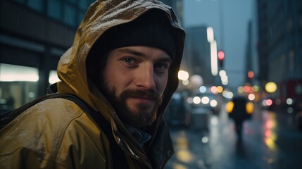 A person wearing a hoodie stands in the rain, seeking shelter from the downpour.