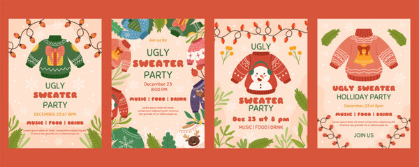 Christmas poster template with copy space, Invitation for Ugly sweater Xmas party. Vertical flyer decorated with plants branches, funny sweaters, light garlands.