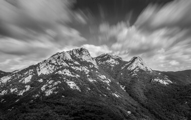 Ansel Adams inspired black and white shot of mountains in Bukhansan National Park during day. Photo...
