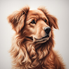 Portrait of red shaggy dog of Labrador retriever breed sitting on white background and looking away. Beautiful illustration of a dog, drawing of a pet. Pet love.