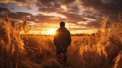 A man standing in a field, bathed in the warm glow of the setting sun. - obrazy, fototapety, plakaty