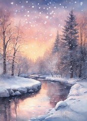 Winter evening landscape of a picturesque stream in a snowy forest
