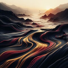 Abstract texture landscape of black, red, yellow streams of water flow into the ocean among the mountains - obrazy, fototapety, plakaty