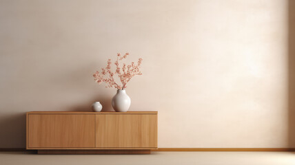 Interior wall mock up with two flower vases, wooden cabinet and beige wall.