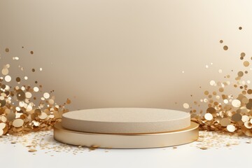  round beige podium for the presentation of luxury products. silver gold glitter and light cream...