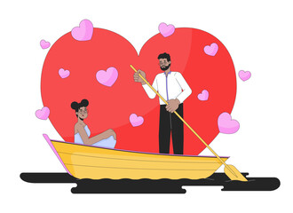 Valentines day on water 2D linear illustration concept. African american heterosexual couple cartoon characters isolated on white. Black man rowing paddle metaphor abstract flat vector outline graphic