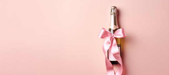 Generative AI, Pink champagne bottle mockup with bow on pink background