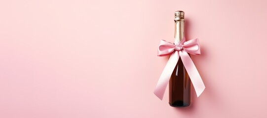 Generative AI, Pink champagne bottle mockup with bow on pink background - obrazy, fototapety, plakaty