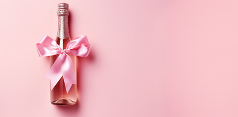 Generative AI, Pink champagne bottle mockup with bow on pink background