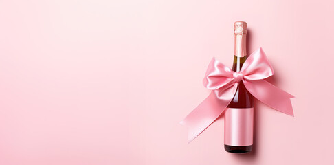 Obraz na płótnie Canvas Generative AI, Pink champagne bottle mockup with bow on pink background
