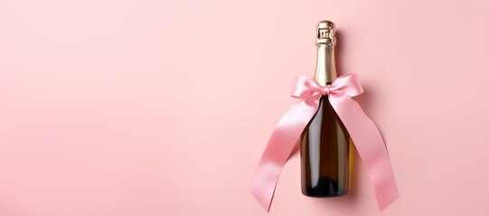Generative AI, Pink champagne bottle mockup with bow on pink background - obrazy, fototapety, plakaty