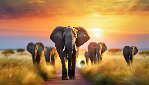 Fototapeta Krajobraz i zachód słońca na safari, egzotyczne podróże, Afryka 