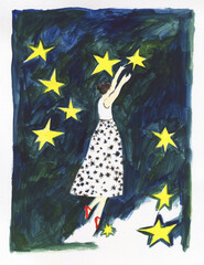 girl and stars. watercolor painting. illustration - 696082163