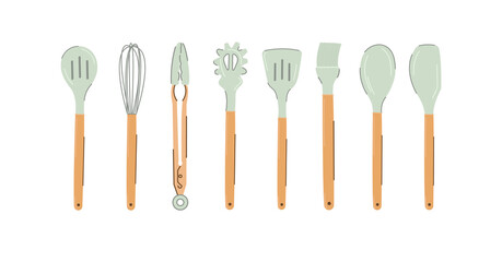 Kitchen tools set. Silicon kitchen tools. Cute kitchen tools clip art on transparent background. Cooking set. Busting brush, whisk, spatula. 