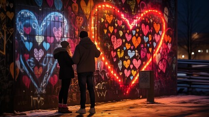Valentine's scenes with a couple drawing colorful hearts against a backdrop of illuminated graffiti