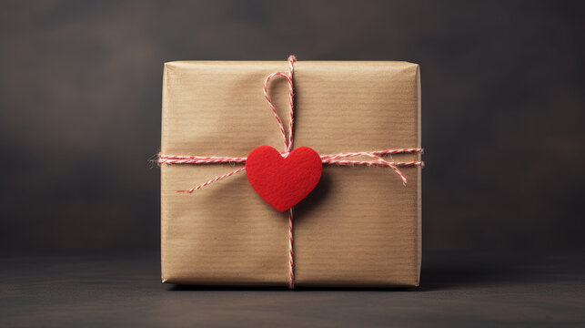 heart on a paper craft gift package with a dark background, valentine day