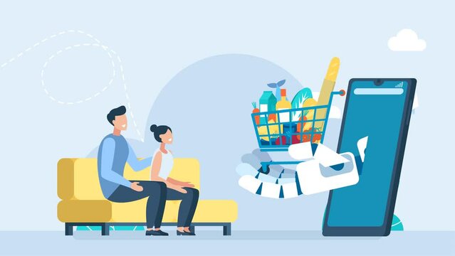 A family at home buys groceries through a mobile. Robot arm with shopping cart. Making payments online, voice chatbot assistant, online support. Buyer product using web bot app. 2d flat animation 	