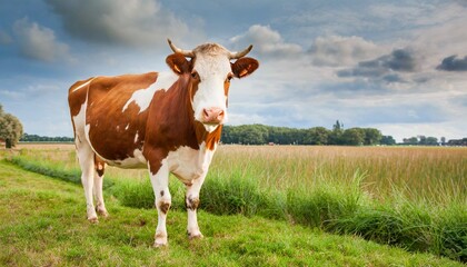 Fototapeta na wymiar young red and white bull mounts cow in grassy dutch meadow in holland