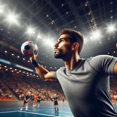 Man athlete doing handball in action - obrazy, fototapety, plakaty