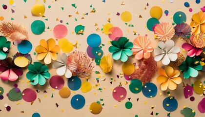 top view of festive colorful confetti on beige background