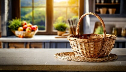 straw basket at kitchen table empty space - obrazy, fototapety, plakaty