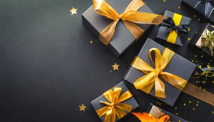 dark gift boxes with satin ribbon and bow on black background holiday gift with copy space birthday or christmas present flat lay top view christmas giftbox black friday concept