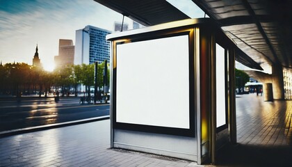 bus station billboard with blank copy space screen for your advertising text message or promotional content empty mock up lightbox for information stop shelter clear poster in urban city scene - obrazy, fototapety, plakaty